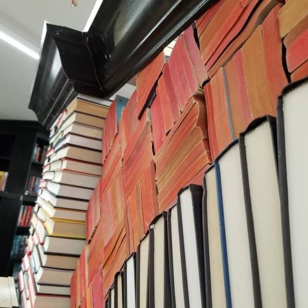 A close-up of the red books in the Book Arch at Sandman Books, Punta Gorda, Florida. Florida Tourism Tourist Local Art Artist Artwork Fantasy Harry Potter Beauty and the Beast Disney Wedding Photography Unconventional Unique Venue Sell Used New Books Bookstore Bookshop Library  