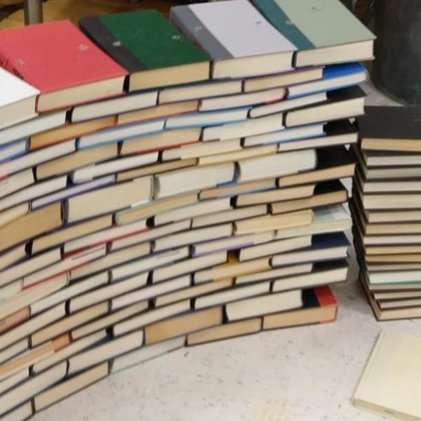 Books stacked to be used in construction of the book arch.  Book Arch in Sandman Books Punta Gorda Florida. Florida Tourism Tourist Local Art Artist Artwork Fantasy Harry Potter Beauty and the Beast Disney Wedding Photography Unconventional Unique Venue Sell Used New Books Bookstore Bookshop Library  