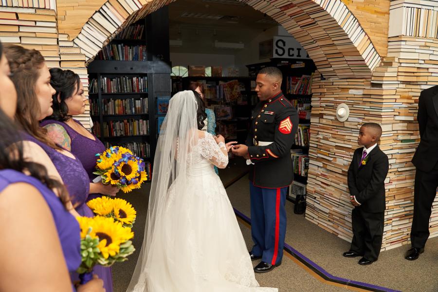 Sandman Books Military Wedding Florida Wedding Unconventional Unique Venue Library Bookish Wedding Book Lovers Wedding Bridal Bride Punta Gorda Book Arch Archway 